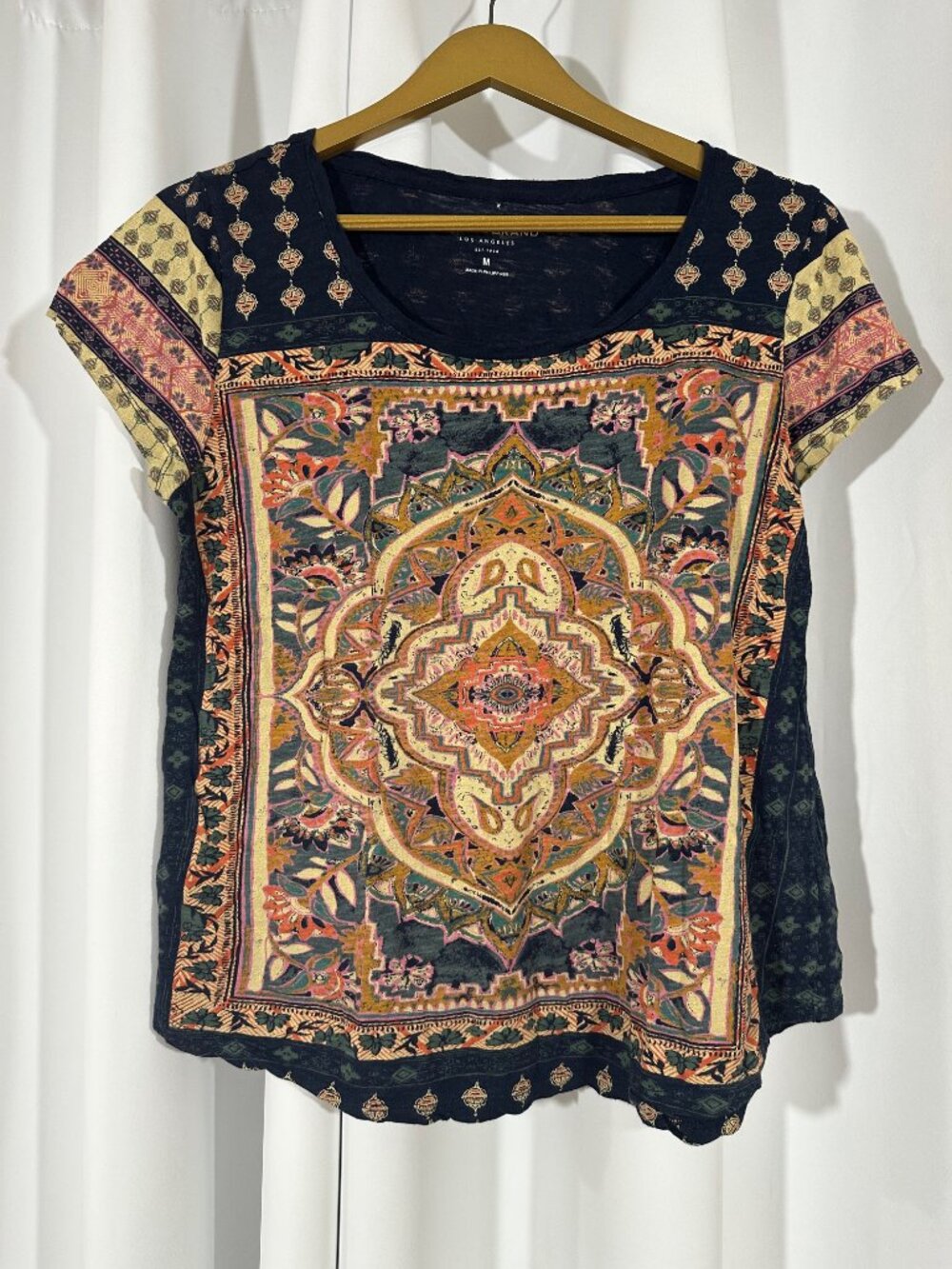 Lucky Brand Medium Boho Medallion Print Tee Navy Multicolor Cotton Modal Top